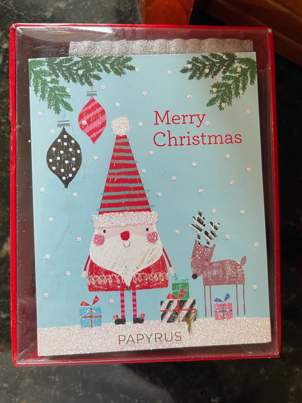 Papyrus Light Blue & Red Santa and Reindeer Holiday Card